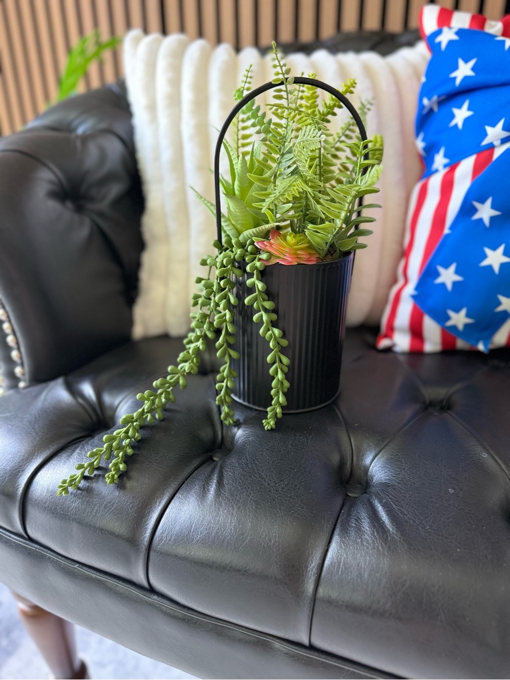 Black Metal Planter Basket with Faux Greenery